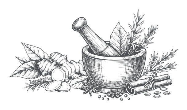 Mortar and pestle with ginger cinnamon star anise and herbs
