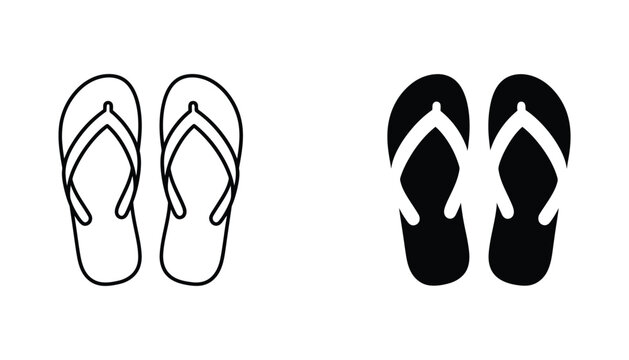 Summer flip flop sandals icon set featuring classic thong footwear in both outline and solid black silhouette vector graphics for beach and travel branding