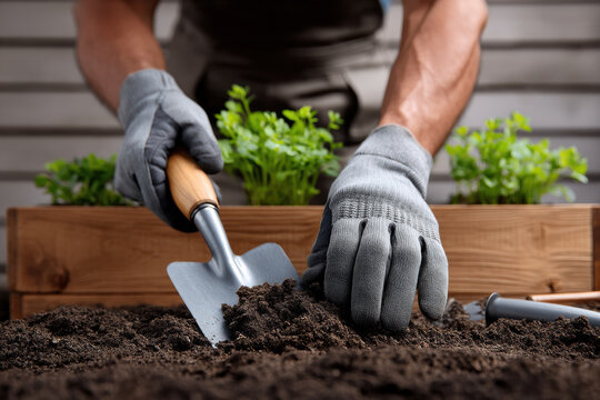 Gardening gloves trowel soil hand planting seedling wooden box green close up outdoor care growth spring healthy hobby
