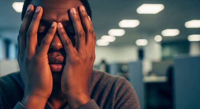 Deeply tired dark skin glows under office lights as weary hands cover a face in a heavy gesture of burnout, stress, and mental exhaustion, workplace, exhaustion, strain