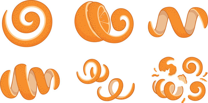 Vector collection of orange peel zest and citrus fruit twists with spiral skin curls for cooking or drink garnish, on transparent background