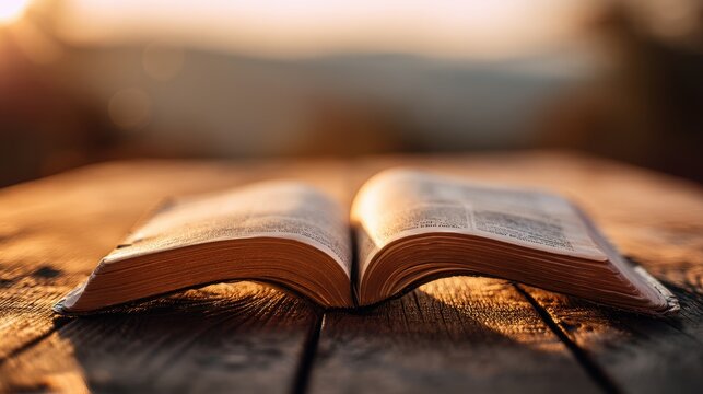 Close-up of an open Bible on a wooden table with a warm golden sunset glow
