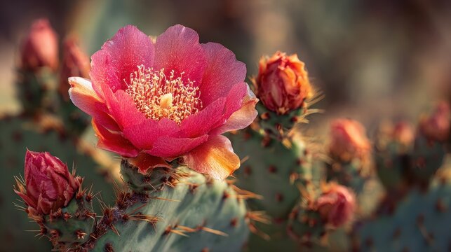 Close-up photograph of a prickly pear cactus flower blooming on green pads under bright desert sun