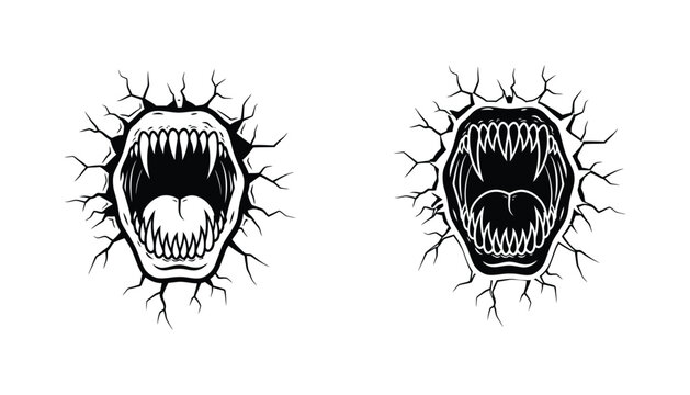 Scary monster mouth with sharp teeth breaking through wall vector