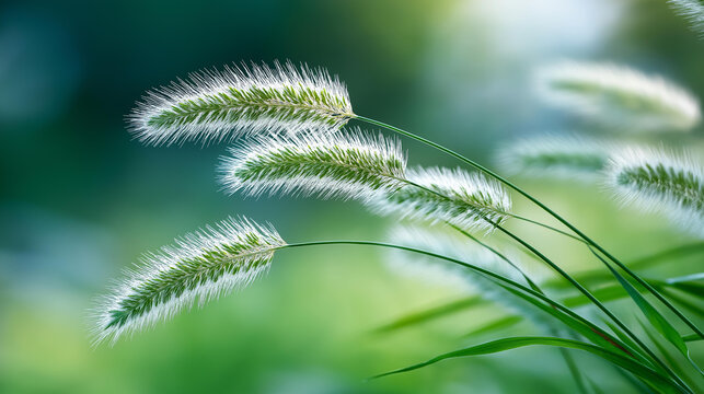 Close-up of white fluffy foxtail grass swaying gently against a bright blurred green field, spring nature background concept, hay fever awareness, tranquil meadow macro photography,