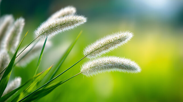 Close-up of white fluffy foxtail grass swaying gently against a bright blurred green field, spring nature background concept, hay fever awareness, tranquil meadow macro photography,