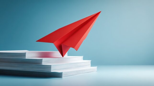 Concept illustration of disruption: red paper plane veering away from white paper as a metaphor for creative breakthroughs