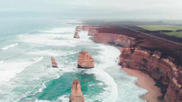The Twelve Apostles, Port Campbell National Park. Collection of limestone stacks off the shore of Victoria coastline. Slow motion