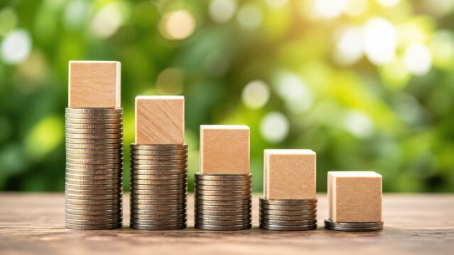 Five stacks of silver coins topped with wooden blocks decrease in height on a rustic table symbolizing financial growth and management