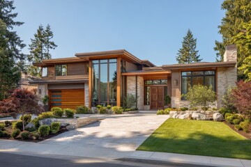 Fototapeta premium Contemporary exterior of a luxury house with pristine lawn, stone pathway, and vibrant landscaping