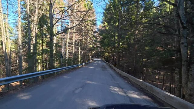 Car ride on a spring day in the Carpathian Mountains, a winding mountain road.