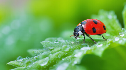 Obraz premium Close-up of a ladybug standing on a water-drop-covered green leaf, garden insect photography concept, ladybug and dew close-up, spring nature macro, defocused background, with copy space