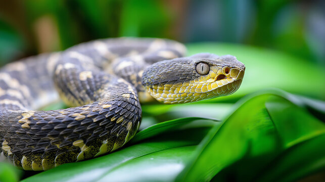 Close-up of a venomous bush viper snake coiled in a rainforest, exotic reptile photography concept, wild snake close-up, tropical wildlife macro, defocused background, with copy space
