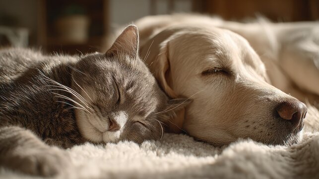 Cozy nap time: a cat and a dog sleeping together on a soft blanket
