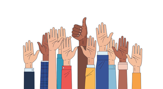 Diverse hands raised in agreement.