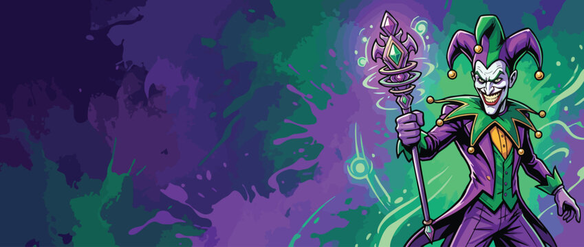 Joker Character Illustration with Gemmed Sceptre and Dreamlike Glow