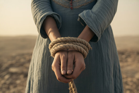 Tied hands of a woman in a desert landscape. Cinematic portrait symbolizing female oppression and restraint
