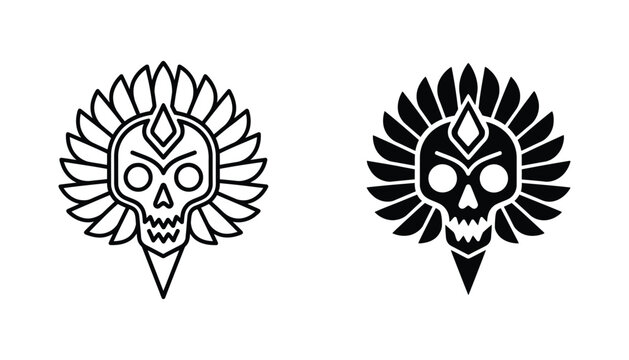 Tribal skull with feathered headdress vector illustration icon set