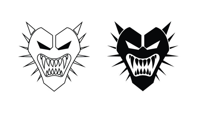 Angry monster head with sharp teeth and spikes vector set