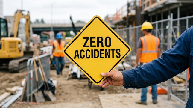 Construction worker holding a yellow sign promoting zero accidents on site