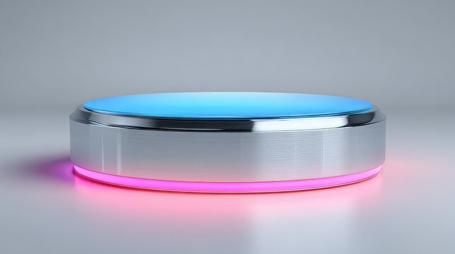 Sleek circular device with glowing blue and pink lights on a minimalist surface