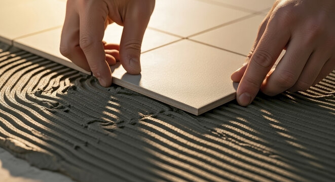 Hands performing professional work laying tiles on fresh adhesive for flooring. Skilled worker meticulously places ceramic tile, ensuring proper alignment.