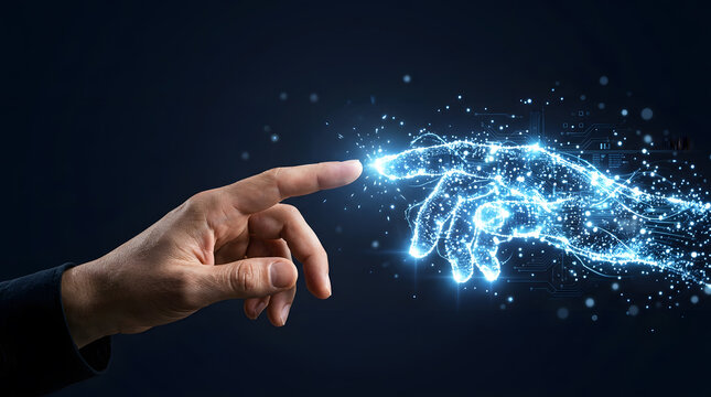 Human finger touching a digital glowing hand made of blue light particles