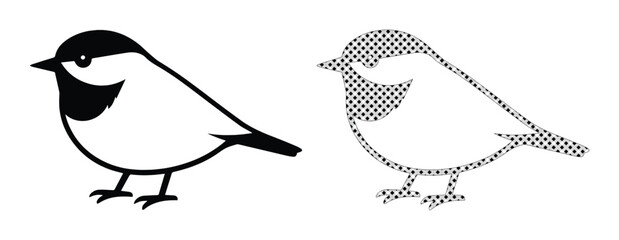Charming black and white bird vector illustration, a simple graphic design element for nature themes. Two distinct bird icons, one solid and one with a halftone pattern © Caleb