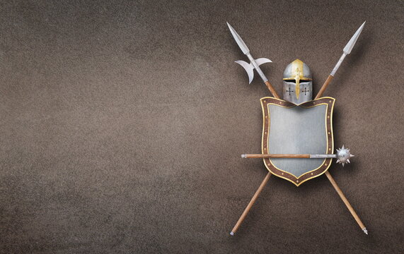 helmet shield lances halberd and mace on grunge background