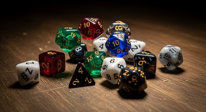 Colorful dice collection displayed on a wooden surface in overhead shot