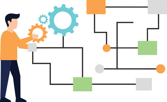 Business professional managing complex technical workflow featuring gear icons and colorful interconnected nodes for systematic process engineering.