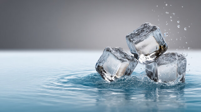 Ice cube water splash clear cold fresh blue liquid reflection wet create refreshing scene with three ice cubes splashing into water droplets