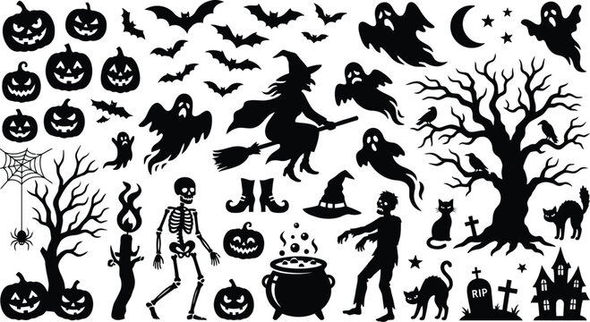halloween silhouettes set with pumpkins bats and spooky elements