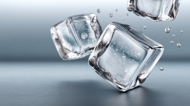 Ice cube water splash clear cold frozen refreshing blue closeup floating crystal. Ice cubes floating with water splashes clear and cold refreshing