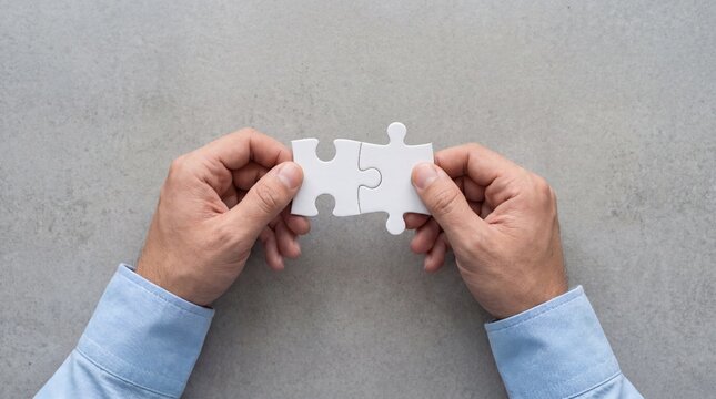 Photograph of hands holding two white jigsaw puzzle pieces about to connect, against a gray background.
