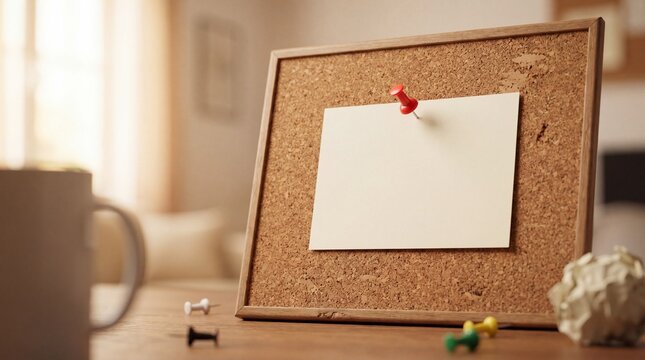 Blank note paper pinned with a red thumbtack on a wooden cork board, ready for important messages or reminders.