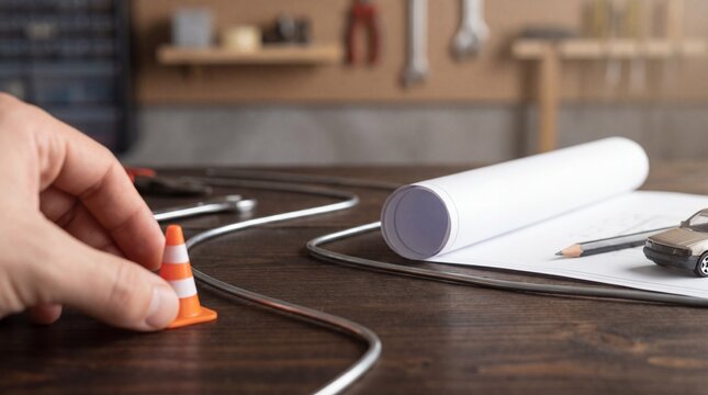 Hand placing a miniature orange traffic cone near rolled blueprints and a toy car on a wooden workshop table.