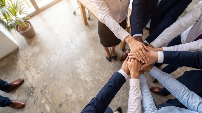 Top-down view of diverse business team huddling with hands together, symbolizing unity and collaboration.