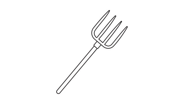 Professional gardening pitchfork vector illustration with editable stroke and customizable line weight, elegant hand-drawn icon for agricultural branding and farm equipment documentation.