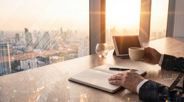 Ambitious businessman overlooking a modern cityscape from his office.