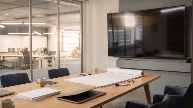 Modern empty meeting room with large TV screen and conference table, ready for business.