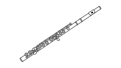 Hand-traced minimalist vector icon illustration of a concert flute, featuring professional clean lines and a detailed outline design, ideal for orchestral music, woodwind lessons, and digital apps. © MdYesin
