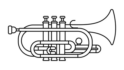 Detailed cornet vector icon featuring an editable stroke. Hand-drawn minimalist brass instrument illustration for professional music branding, jazz festivals, and customizable line weight. © MdYesin