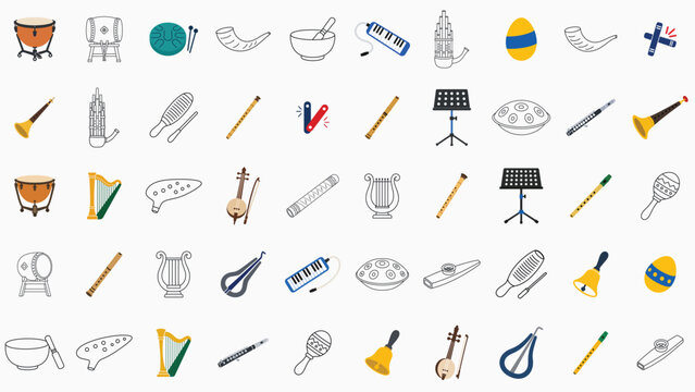 Extensive Hand-Drawn Minimalist Vector Icon Set Featuring 50 Editable Outline Graphics of Traditional and Classical Musical Instruments for Web Design Apps and Creative Projects Scalable Bundle