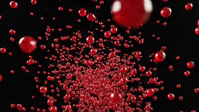 Vibrant red spherical liquid particles explode, dynamic motion creating abstract splash. Microscopic view reveals energetic flow and scattering, captivating dark display evokes scientific wonder