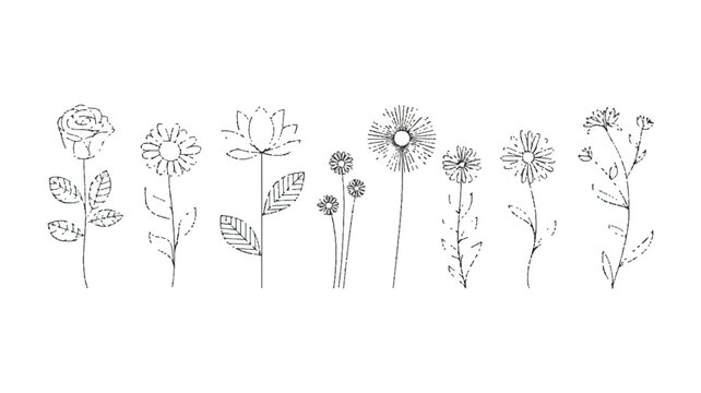 A minimalist black and white line art illustration of various flowers and plants in a simple garden setting
