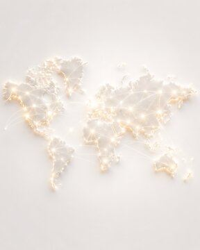A stylized world map illuminated by glowing lights, representing global connections and networks.