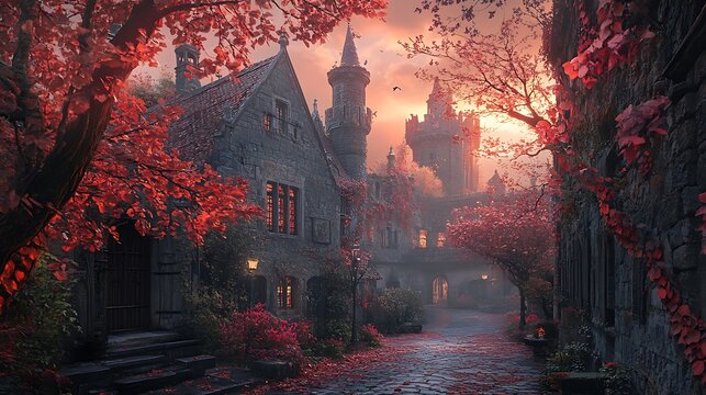 Whimsical autumnal scene showcasing a majestic medieval castle at twilight