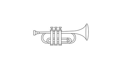 Vivid trumpet brass instrument vector icon with adjustable line weight. Minimalist hand-drawn outline for jazz festival branding, symphony orchestra graphics, and musical performance logos. © Rabia