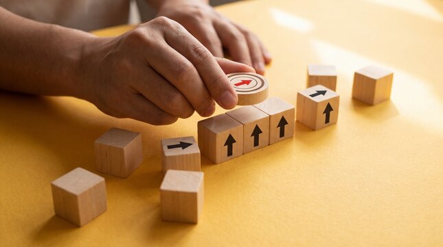 Hand placing a target onto upward-pointing wooden blocks, representing focused strategy and growth.